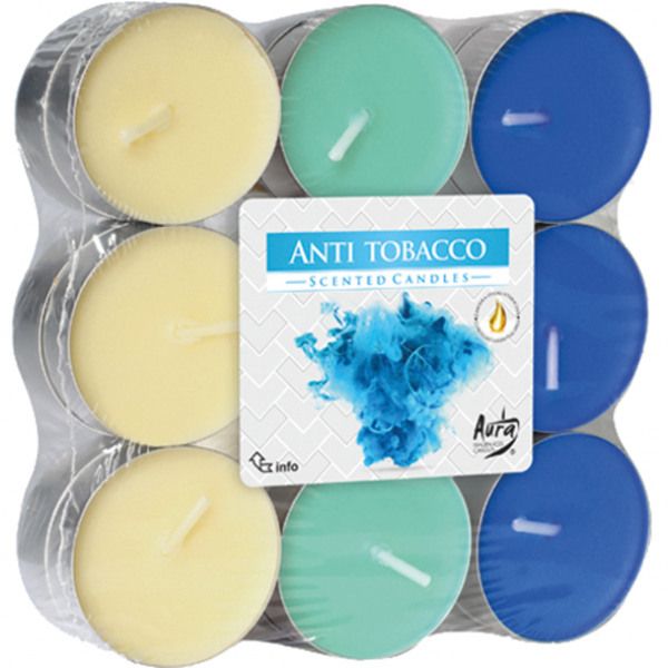 Duft-Teelichter in 3 Farben, Anti-Tabak, 18 Stück