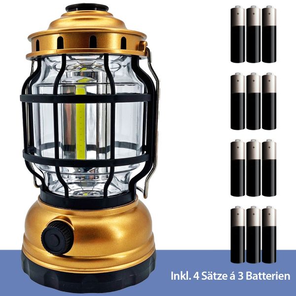 Camping-Laterne dimmbar Gold, COB-LED inkl.12 AA Batterien