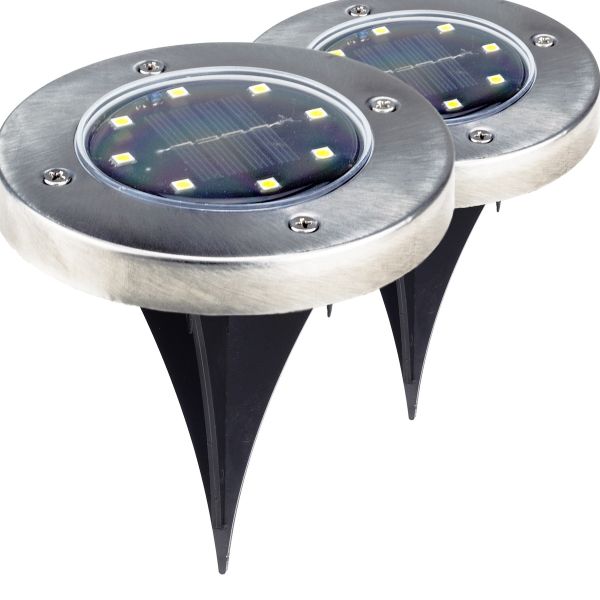 LED Solar-Bodenleuchten rund, 2er Set, Edelstahl