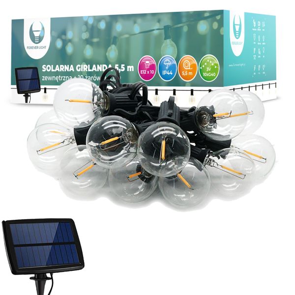 LED Solar Premium Lichterkette E12 mit 10 Filament Birnen
