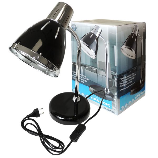 Büroschreibtischlampe Grundig, Metall chrom/schwarz, E27-Fassung